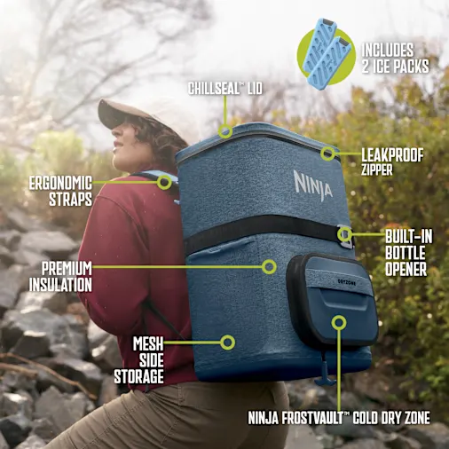 Ninja FrostVault? Go 36-Can Backpack Cooler (Lakeshore Blue) & Crispi Air Fryer Bundle